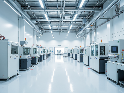 Clean modern manufacturing facility with advanced equipment and quality control systems, showing professional production environment